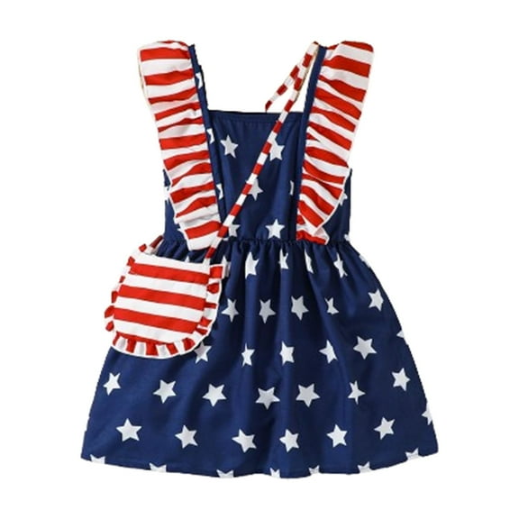 Mikrdoo Toddler Kid Girl 4th of July Dress Independence Day Festive Girls American Flag Ruffle Patchwork Dress With Crossbody Bag