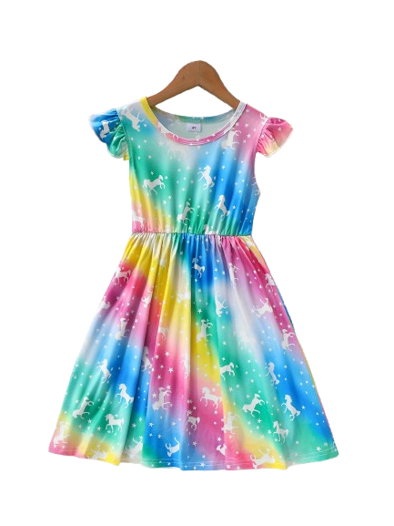 Terry Stuff Mid-Season Dress For Baby Girl In Unicorn Print Yellow Color