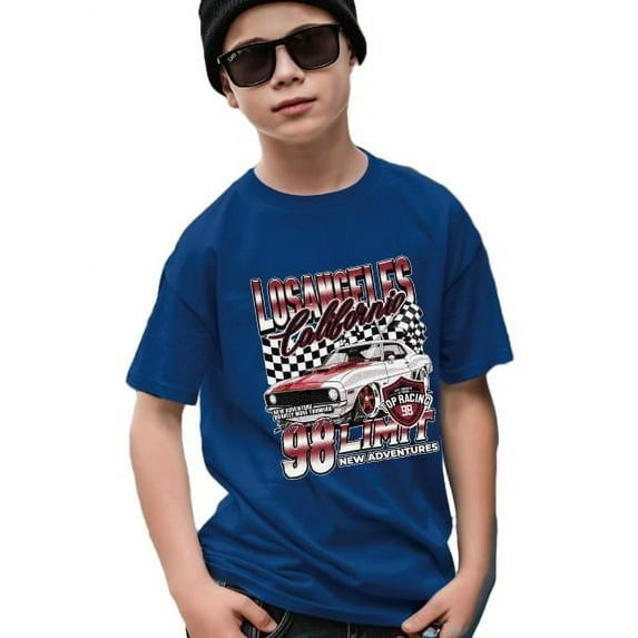 Mikrdoo Trendy Racing Car Print Casual Short Sleeve T-Shirts For Boys - Cool, Lightweight And Comfy Summer Streetwear (7-15Y,Blue)