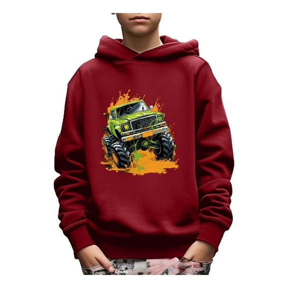 Mikrdoo Truck & Mud Print Hoodie For Kids, Stylish Pullover Long Sleeve Casual Top, Boy's Clothes, As Gift