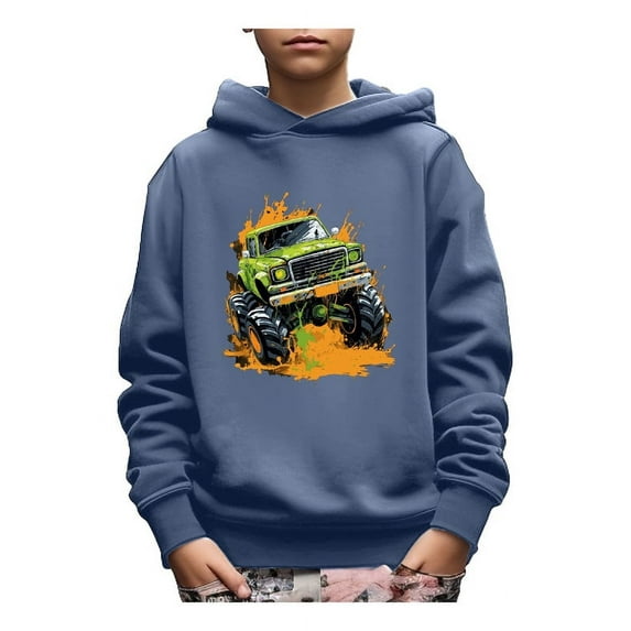 Mikrdoo Truck & Mud Print Hoodie For Kids, Stylish Pullover Long Sleeve Casual Top, Boy's Clothes, As Gift