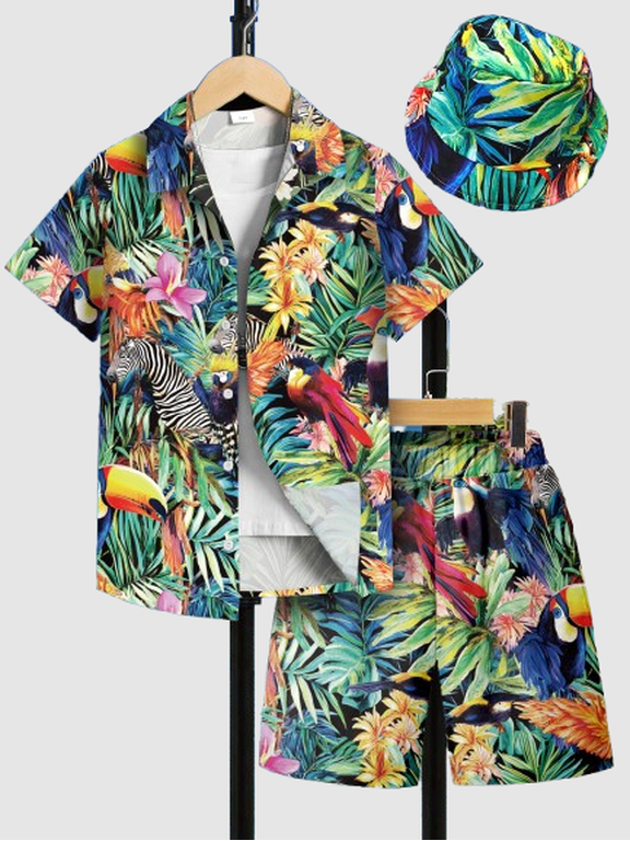Tween Boys' 3Pcs Set, Tropical Hawaiian Vacation Style Floral Animal Print Shirt, Elastic Waist Shorts Hat Clothes For Outdoor Activities 7-8