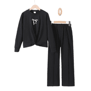 Mikrdoo Tween Girls Clothes Butterfly Embroidery Twist Long Sleeve Tops and Straight Leg Trousers 2pcs, Perfect for Outdoor Activities