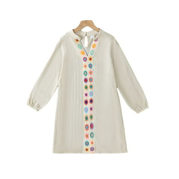Mikrdoo Tween Girls' Ethnic Style Appliqued Design Solid Color V-neck Long Sleeve Dress From 8-12Y Apricot