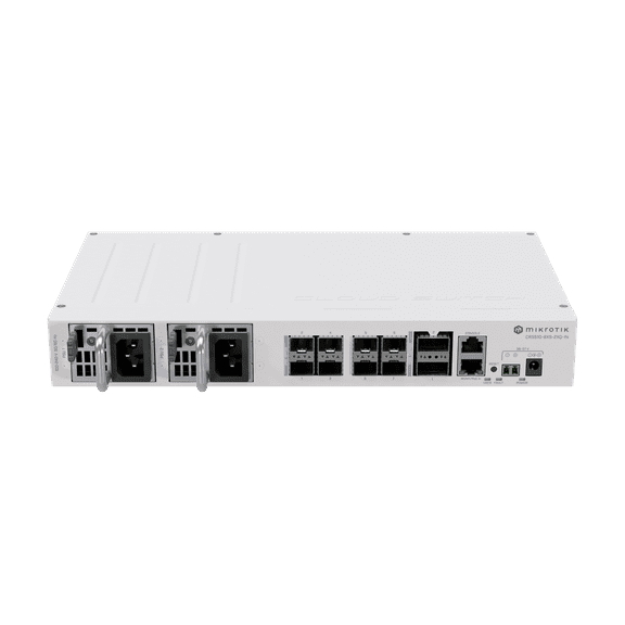 MikroTik CRS510-8XS-2XQ-IN 100 Gigabit Switch, 2x 100G QSFP28, 8x 25G SFP28 Ports, Dual Hot-Swap Power Supplies, PoE-In, DC Jack, L3 Hardware Offloading, VLAN, and MLAG Support
