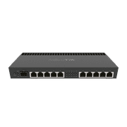 MikroTik RB4011 Ethernet 10-Port Gigabit Router RB4011iGS+RM with a Quad-core 1.4Ghz CPU, 1GB RAM, SFP+ 10Gbps cage and desktop case with rack ears.