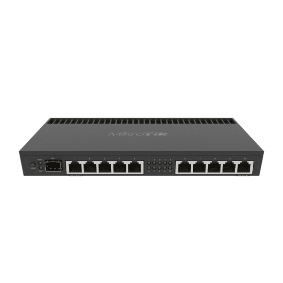 MikroTik RB4011 Ethernet 10-Port Gigabit Router (RB4011iGS+RM) with a Quad-core 1.4Ghz CPU, 1GB RAM, SFP+ 10Gbps cage and desktop case with rack ears.