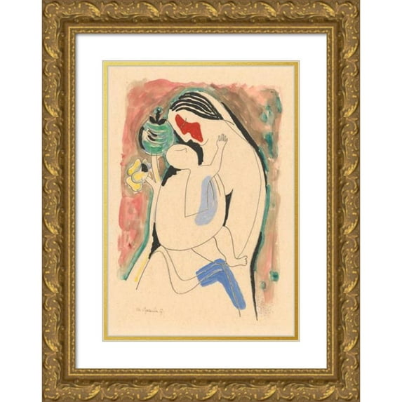 Mikuláš Galanda 18x24 Gold Ornate Framed and Double Matted Museum Art Print Titled - Mother with Baby and Flower (1937)