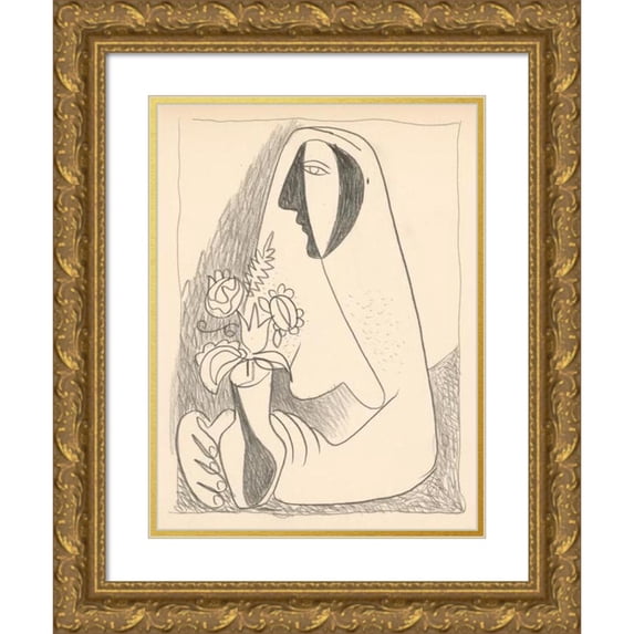 Mikuláš Galanda 19x24 Gold Ornate Framed and Double Matted Museum Art Print Titled - Woman with a Bouquet in a Vase (1938)