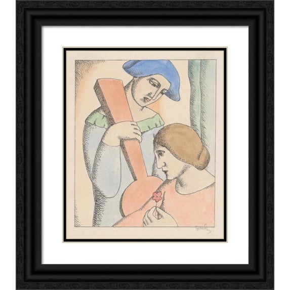 Mikuláš Galanda 20x23 Black Ornate Framed Double Matted Museum Art Print Titled: Lovers Harlequin and Columbine (1927-1928)