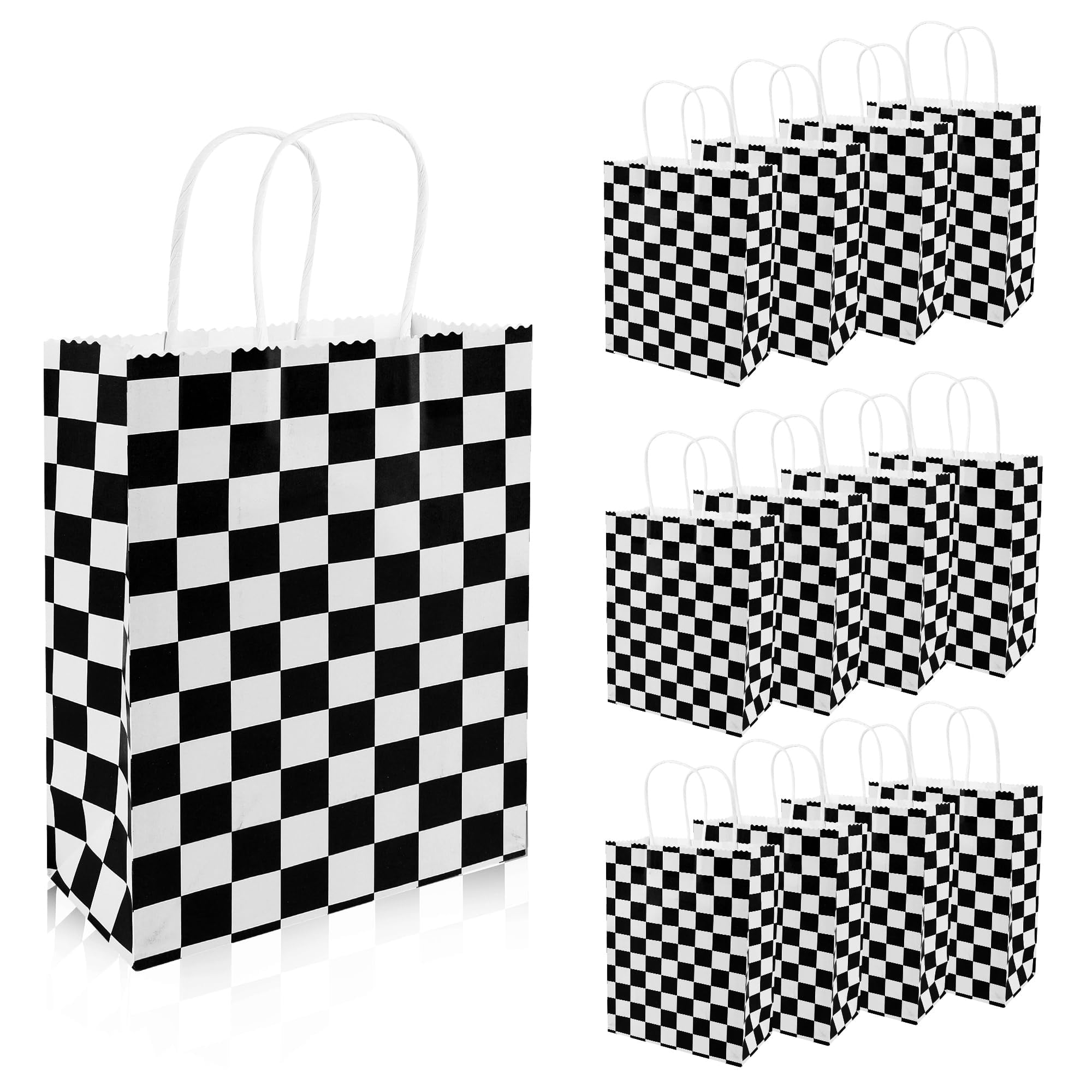 Mikzhskr 12Pcs Race Car MMF7Party Favors Bags with Handles Classic Black and White Checkered Flag Candy Goodie Gift Kraft Paper Bags for Speed Themed Birthday Party Decorations