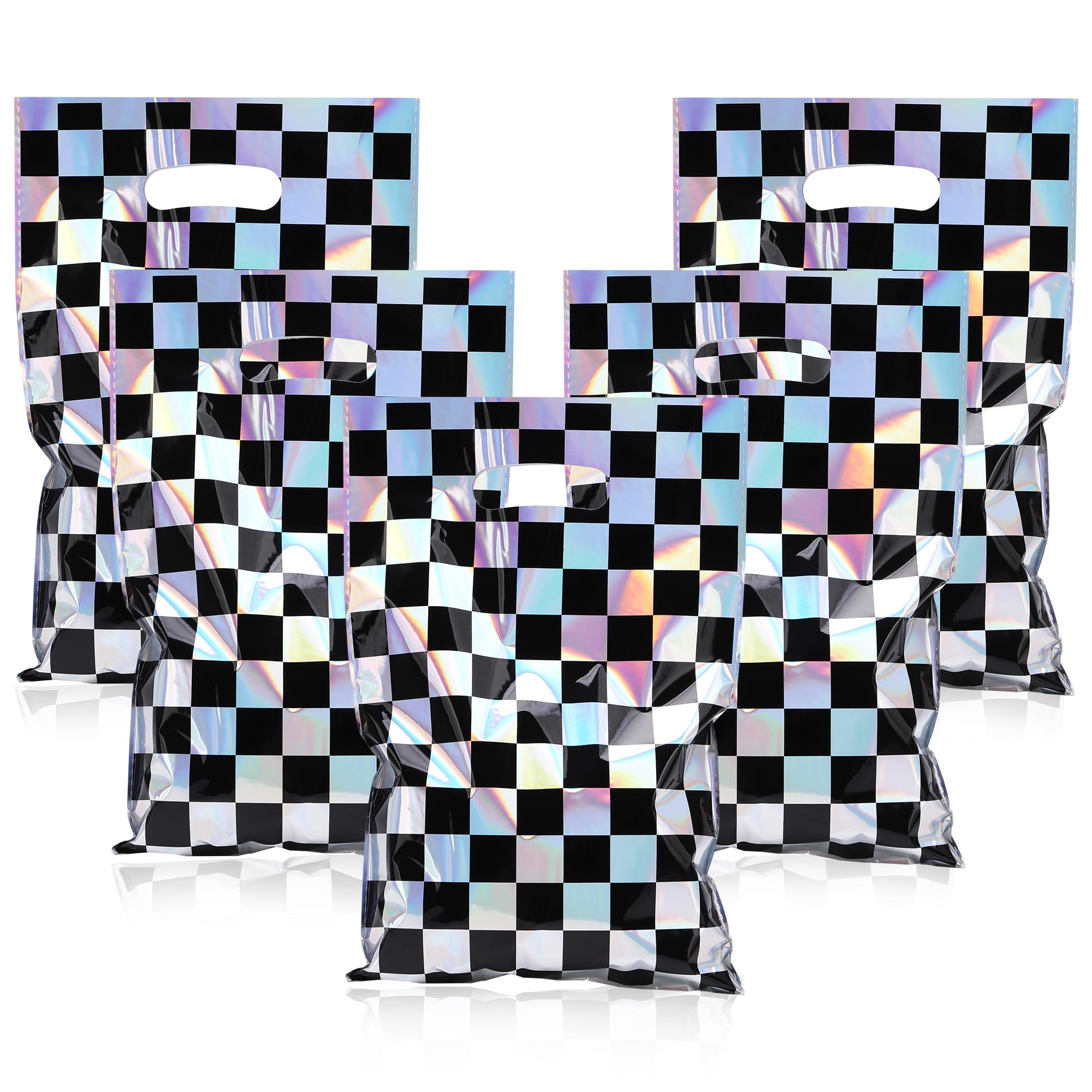 Mikzhskr 30Pcs Race Car IEF31 Party Favors Bag Black and White Iridescent Laser Checkered Candy Bags Soccer Theme Goodie Bags with Handles for Kids Race Car Birthday Party Supplies