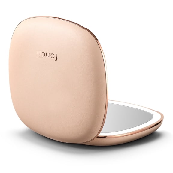 Fancii Mila 2 Rechargeable Compact Makeup Mirror with Lights, 1X/10X Magnifying, Vegan Leather Finish (Champagne Cream)