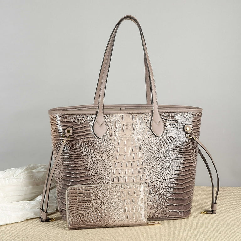 Mila Kate Croco Skin Shoulder Handbag with Wallet for Women. Designer Inspired Tote Bags. Beige Color. Size 13.5 X 6.5 X11.5