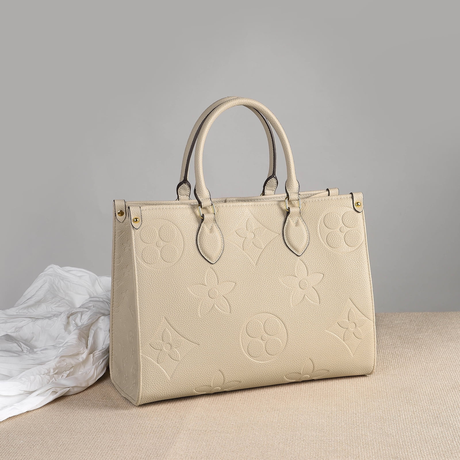Mila Kate Top Handle Tote Bags for Women Designer Inspired Shoulder Handbags. Embossed Flower Shape Beige Color. MediumSize 13.5 x 10.3 x 5.5 Inches