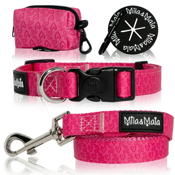 Mila & Maia Dog Collar and Leash Sets, Collar and Leash for Small Dogs, Vivid Pink, Includes a Poop Bag Dispenser and Holder, L
