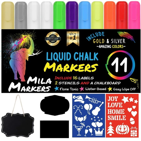 Mila Markers- Chalk Markers, Pack of 11, Chalkboard, Christmas Drawing Stencils & 16 Labels