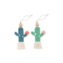 Mila Millie 2 pack Cactus Macrame Wall Hanging | Handmade Woven Tassel Ornament for Home or Nursery Baby Kids Room Decor | Boho Nordic Scandinavian Style (Blue Green)