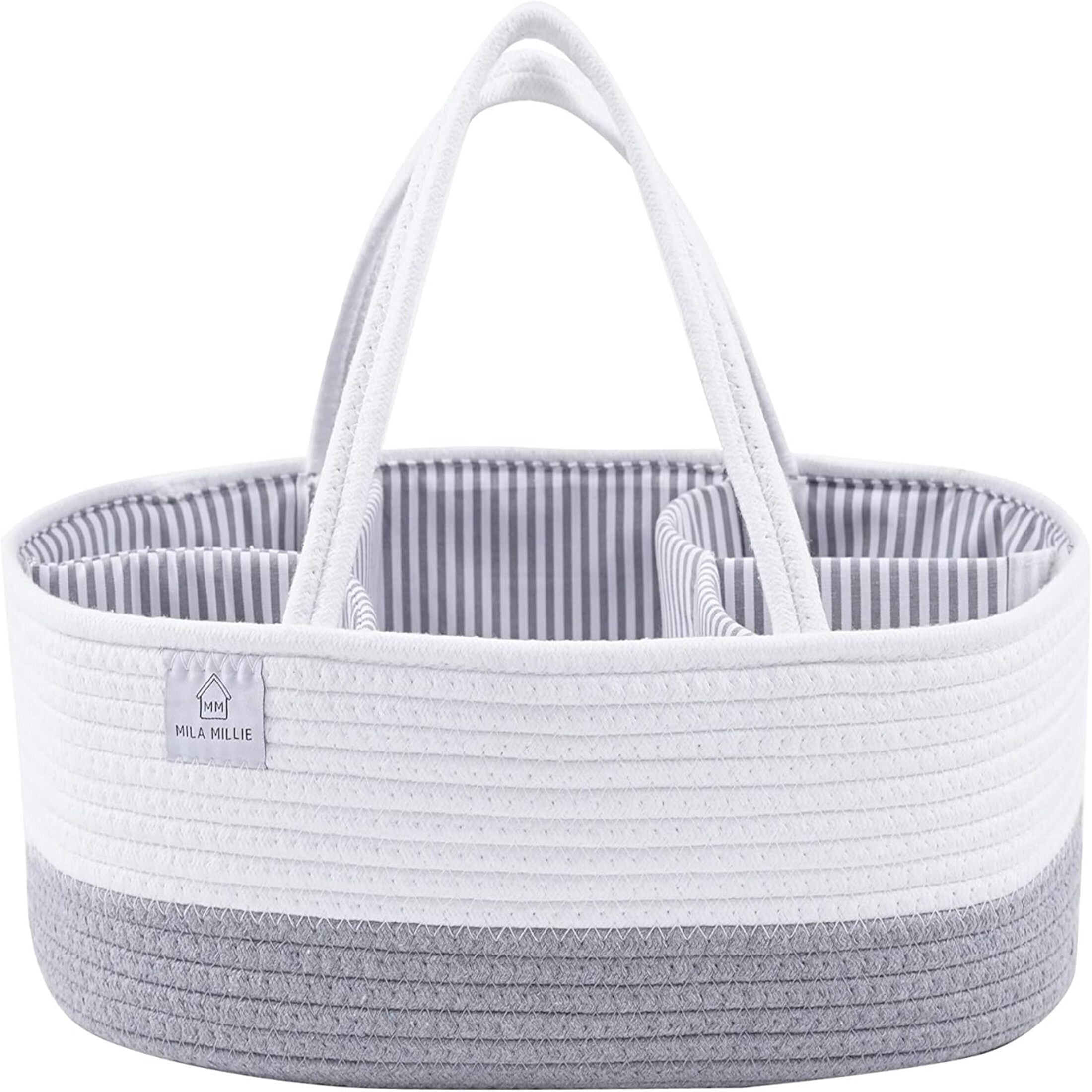 Mila Millie Baby Extra Large Cotton Rope Diaper Caddy | Organizer Storage Bin for Nursery Essentials | Portable Bag for Changing Table and Car | 100% Natural Cotton | Eco friendly (White & Gray)