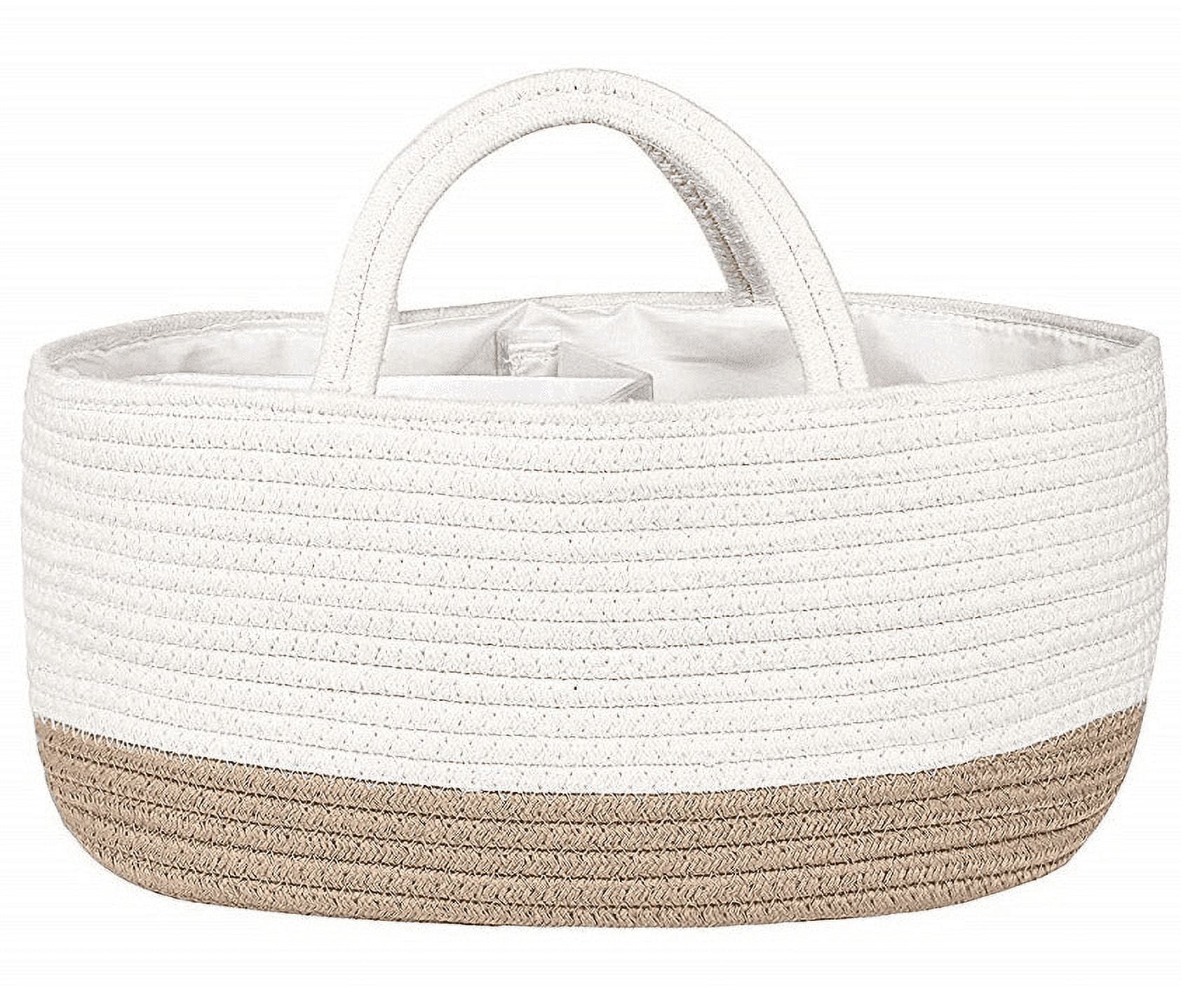 Mila Millie Baby Large Cotton Rope Diaper Caddy | Organizer Storage Bin for Nursery Essentials | Portable Bag for Changing Table and Car | 100% Natural Cotton | Eco friendly (White & Beige)