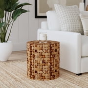 East at Main Mila Round Natural Brown Distressed Coconut Shell Drum End Table, 16Dia x 16.5H
