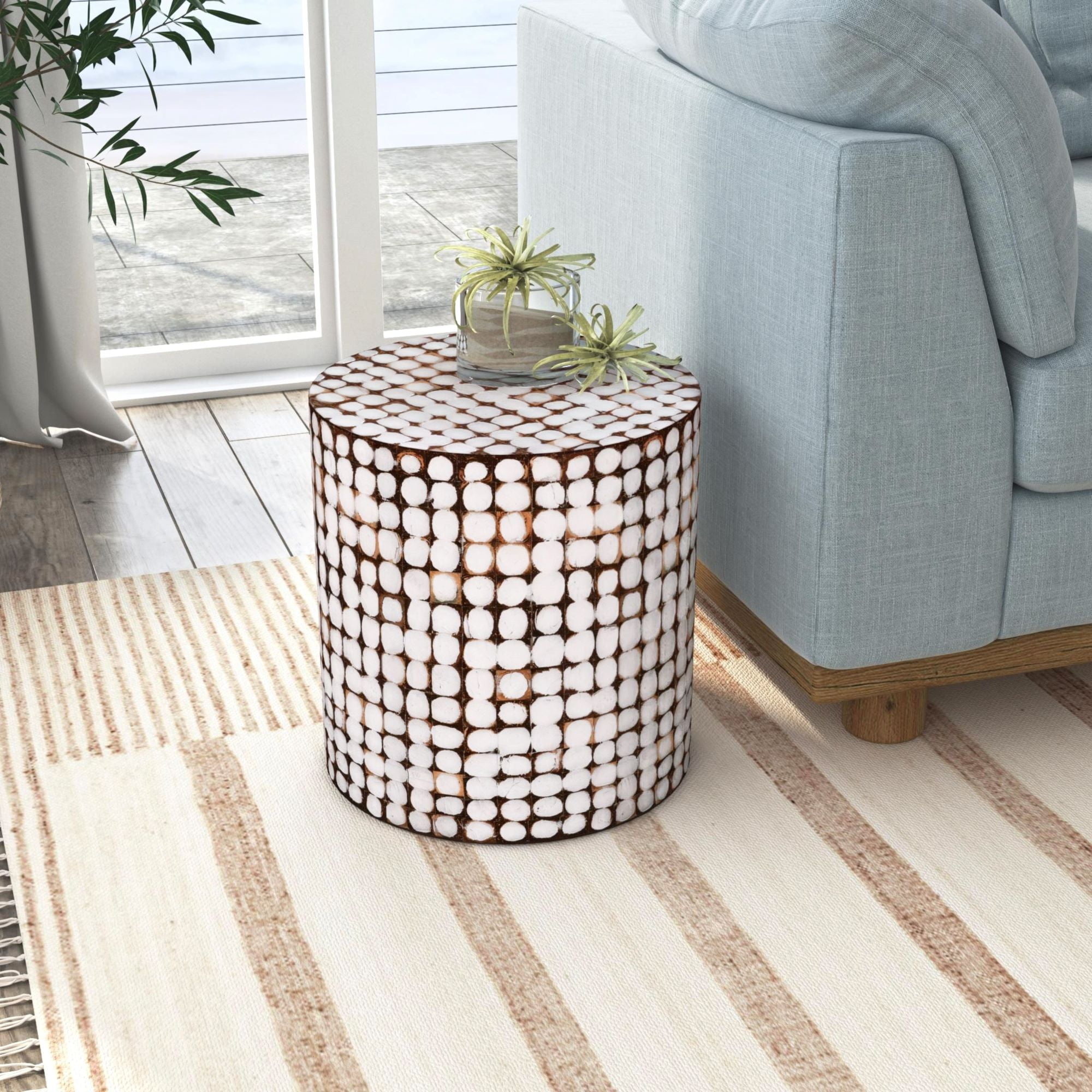 Coastal Breeze White Coconut & Wood Mosaic Round Table 16"