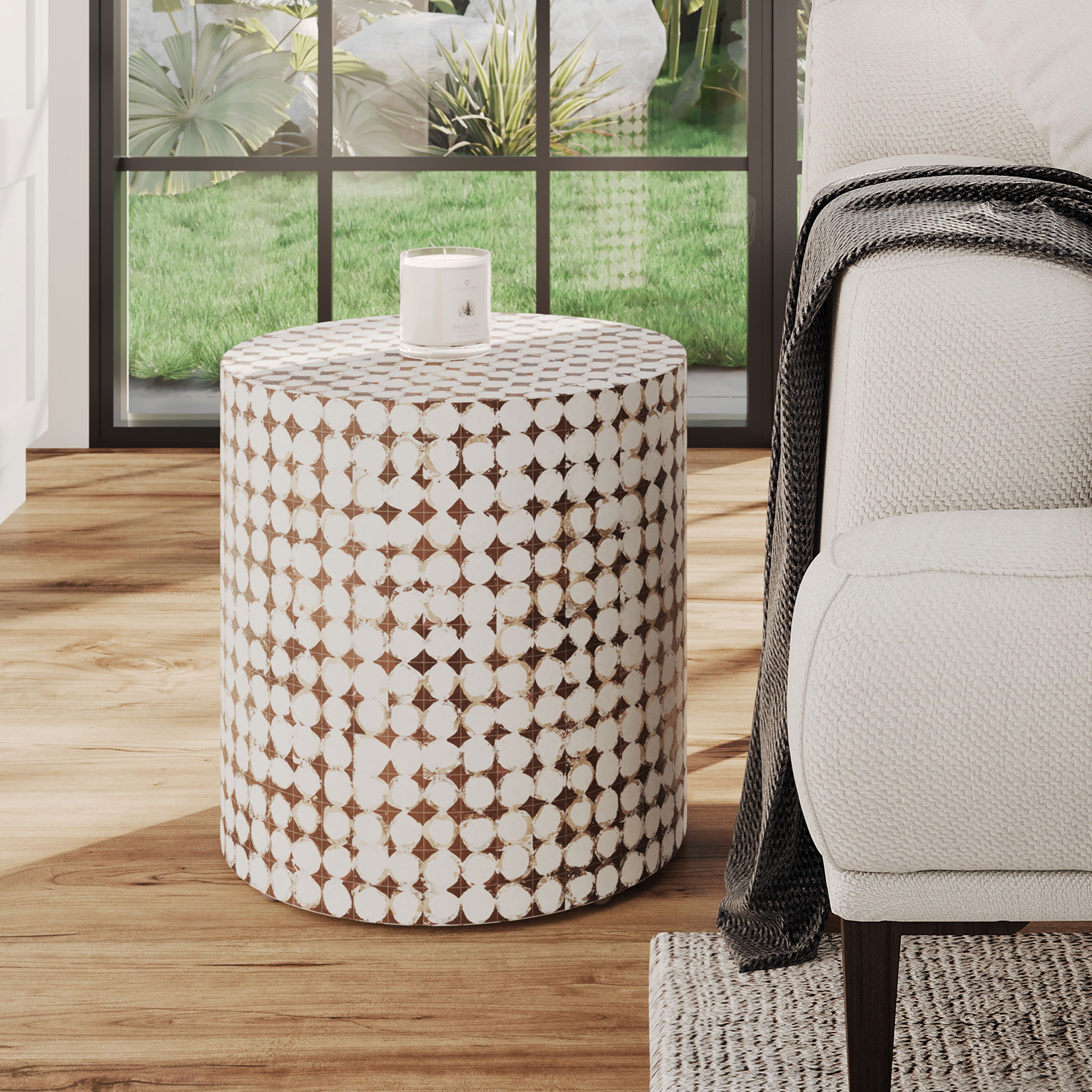 Mila Round White Distressed Natural Coconut Drum Accent Table by East at Main 16"Dia x 16.5"H ...