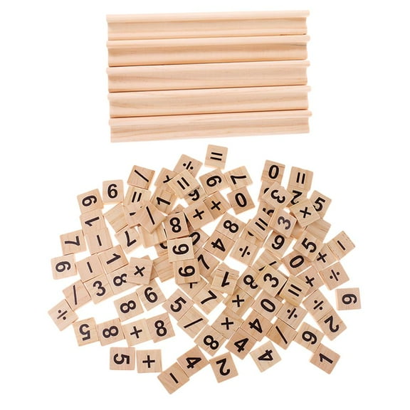 Milageto 100pcs Wooden Number Tiles Black Letters Cube Blocks with 5pcs Wooden Tile Racks