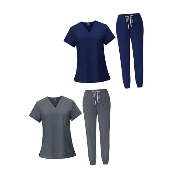 Milageto 2x Female Scrub Set Machine Washable Nurse Work Clothing Deep Blue and Grey