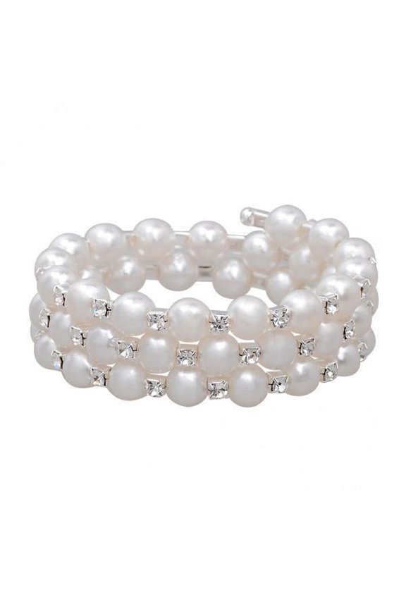 4xWomen Chic Pearl Rhinestone Stretch Bracelet for Bridal Wedding Prom 3 Row 4 Pcs