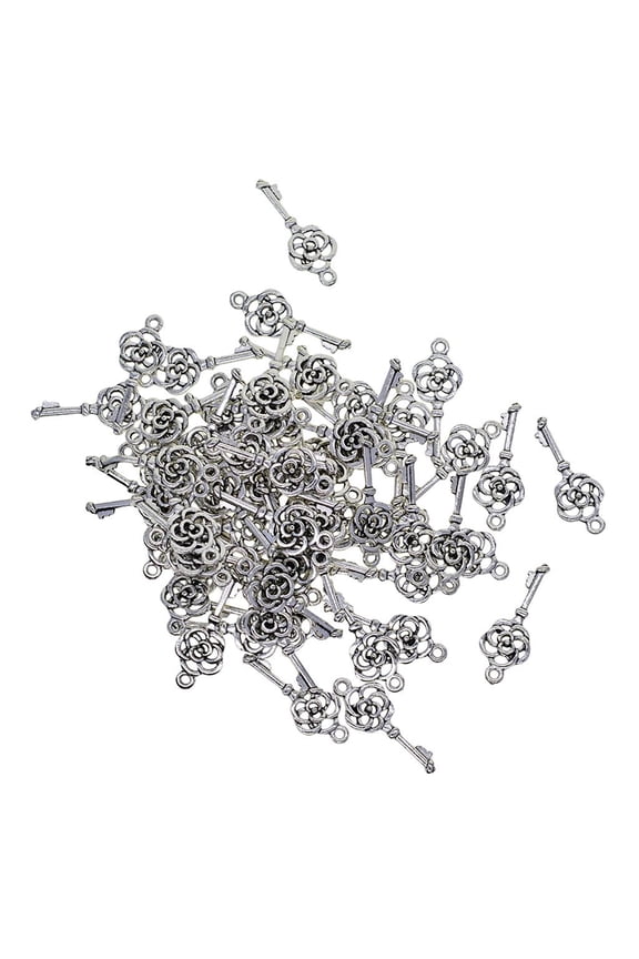 5 Pieces Rose Flowers Charms Pendants Vintage Skeleton Keys, Tibetan Silver Key