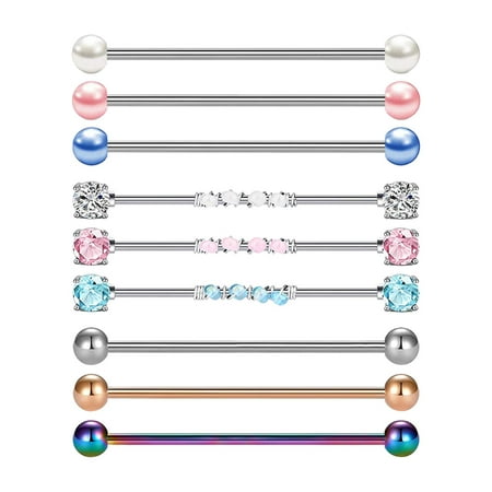 Milageto 9 Pieces Industrial Barbell Earrings Fashion Cartilage Body Piercing Jewelry