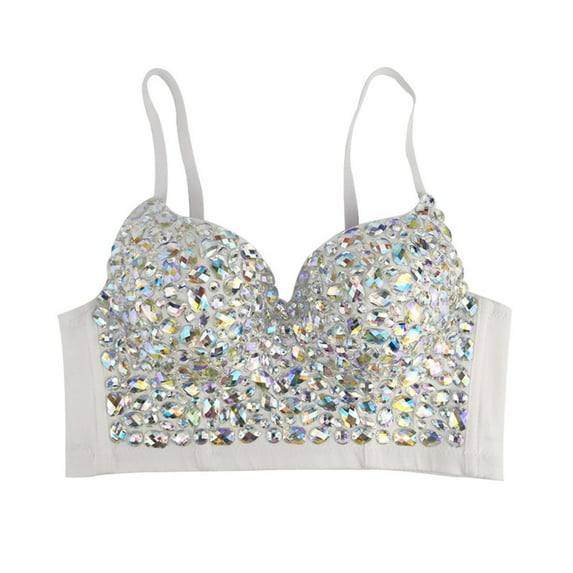 Milageto Colorful Rhinestones Beaded Corset Crop Top Bra for Club Fancy Dress Costume 40C White