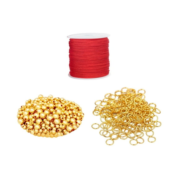 Milageto Gold Spacer Beads 6mm Brass Smooth Round Beads Jump Rings for DIY Craft Necklace Beads Rings Rope Set