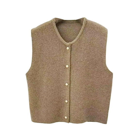 Milageto Knit Cardigan Vest for Women Button Knitted Vest for Commuting Home Shopping Khaki