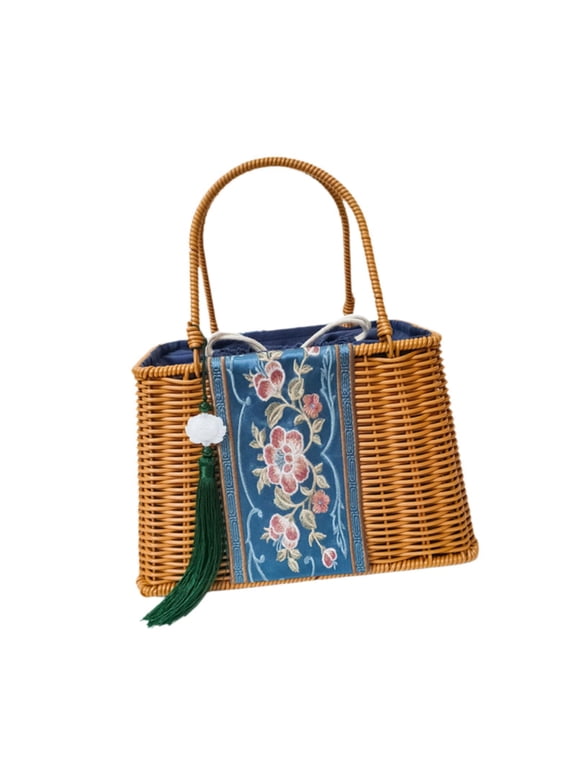 Rattan Woven Handbag Drawstring Closure Basket Purse for Beach Dating Travel B