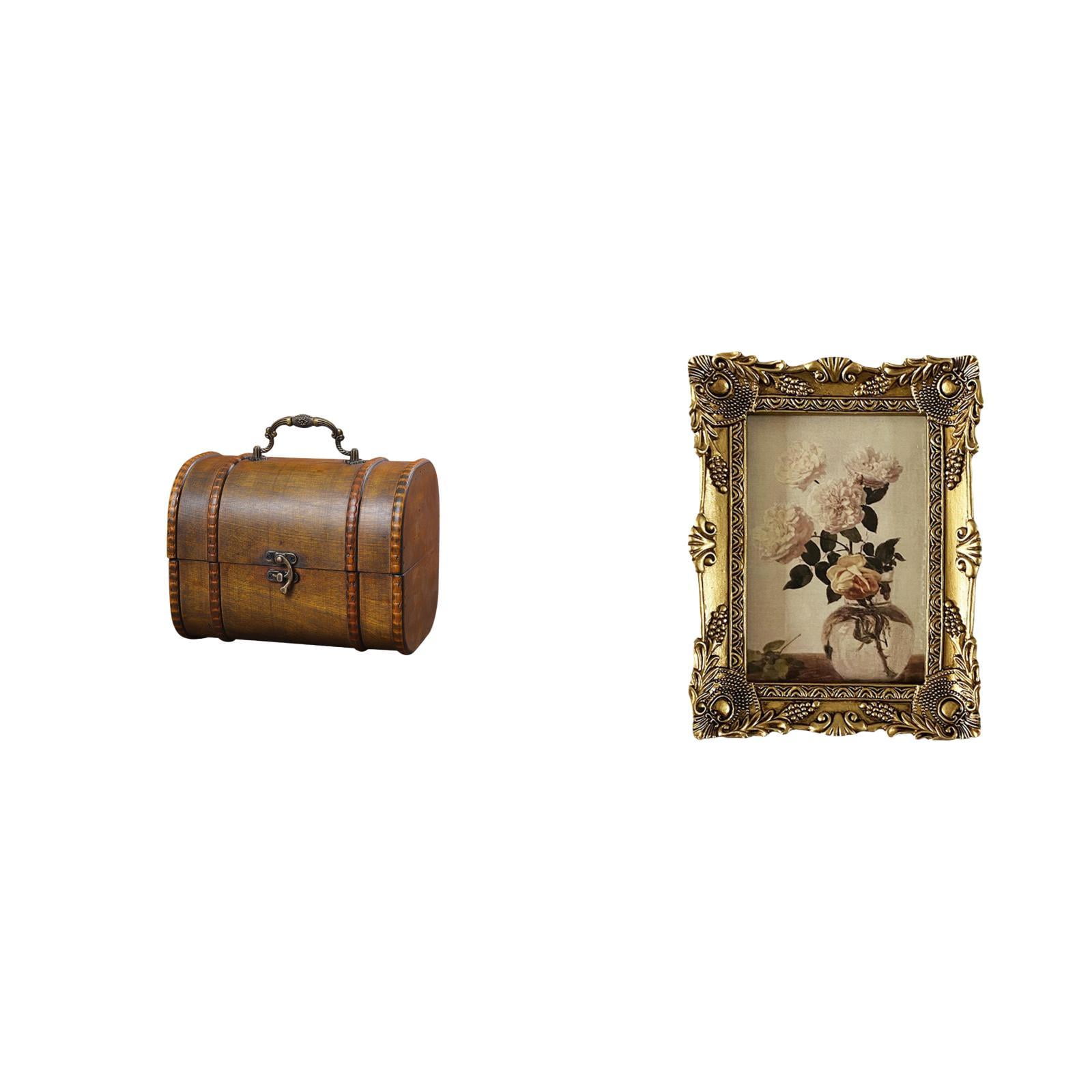 Milageto Vintage Wooden Jewelry Box Organizer Treasure Chest with Ornate Resin Photo Frame Decorative Storage for Rings Trinkets Birthday Wedding Tabletop