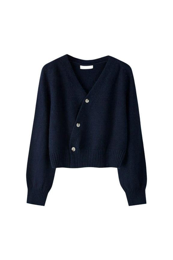 Women's Cardigan Sweater Casual Button Down V Neck Retro Knit Crop Top Navy