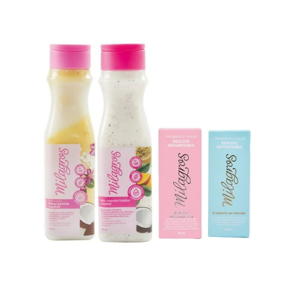 Milagros Tratamiento Emergencia Capilar, Biorepolarizador, Ampolla Capilar Elixir (Rosada) y Ampolla capilar Rescate (Azul) (4 pack)