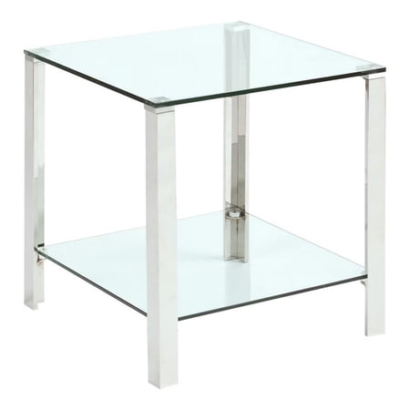 Milan 19.7" Square Glass/Stainless Steel Lamp Table in Clear