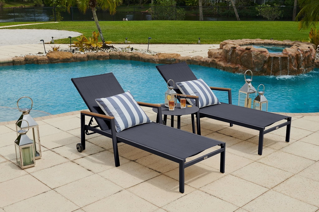 Milan 3 Piece Aluminum Outdoor Patio Furniture Chaise Lounge Chair Set in Charcoal w Two Chaise Lounge Chairs and Side Table