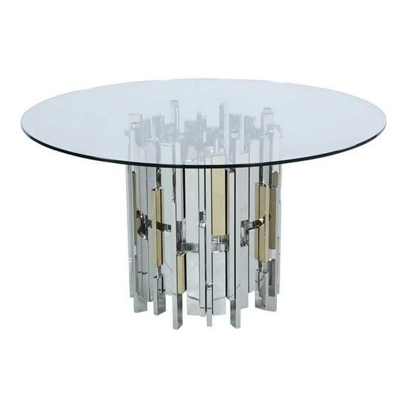 Milan 53.15" Round Glass Top Table with a Steel/Golden Cluster Base in Clear
