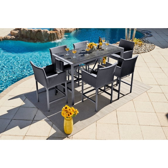 Milan 7-Piece Aluminum Outdoor Patio Furniture Bar Table Set in Charcoal w/Bar Table and Six Sling Bar Chairs