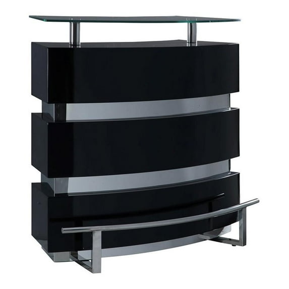 Milan Athena 3-shelf Steel MDF and Glass Channeled Front Bar in Clear and Black
