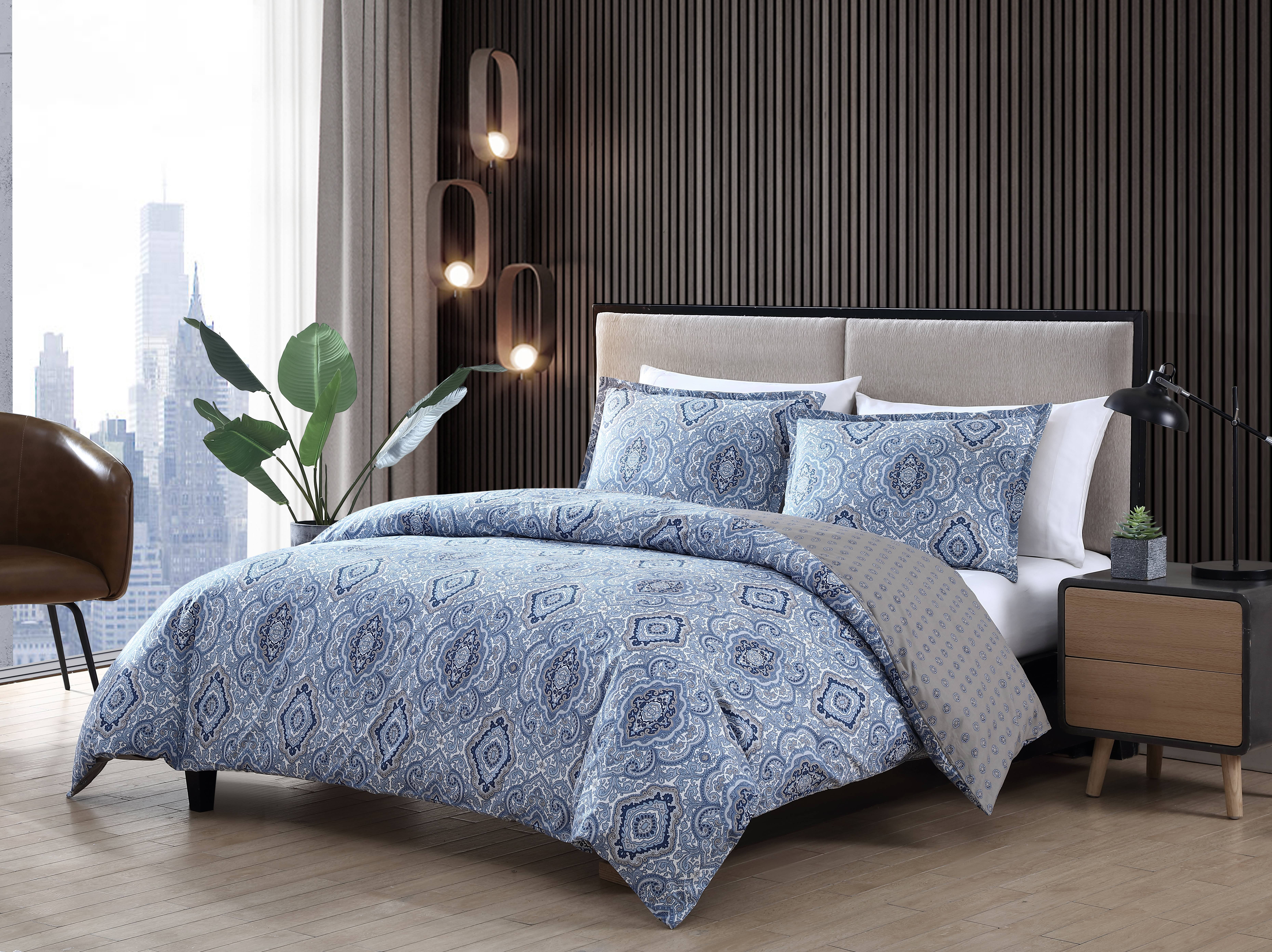 City Scene Milan Cotton Blue 3 Piece Duvet Cover Set-Full/Queen