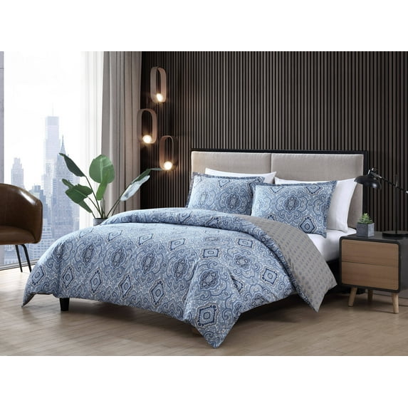 City Scene Milan Cotton Blue 3 Piece Duvet Cover Set-Full/Queen