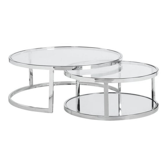 Milan Contemporary Steel and Glass 2-In-1 Nesting Cocktail Table Set in Clear
