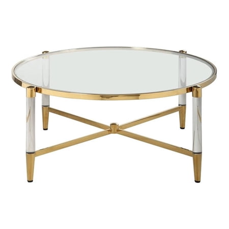 Milan Dante 36.8" Round Tempered Glass Cocktail Table in Clear/Brass