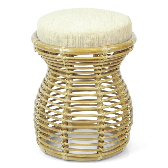 Milan Handmade Natural Rattan Wicker Ottoman Stool Vanity Bedroom Fully Assembled, Natural Color