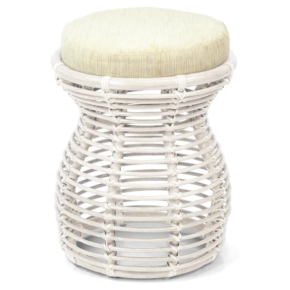 Milan Handmade Natural Rattan Wicker Ottoman Stool Vanity Bedroom Fully Assembled White Wash Color